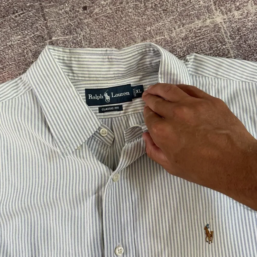 Men's Vintage 90's Ralph Lauren Classic Fit Blue White Striped Polo Shirt Sz XL